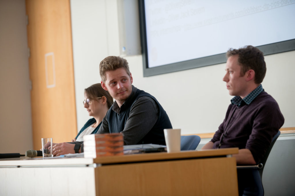 Alumni Careers Panel L to R: Rachel Evans of Mathys and Squire LLP, Oliver Severn of Singer Instruments and Harry Langford of Crop Health and Protection Ltd