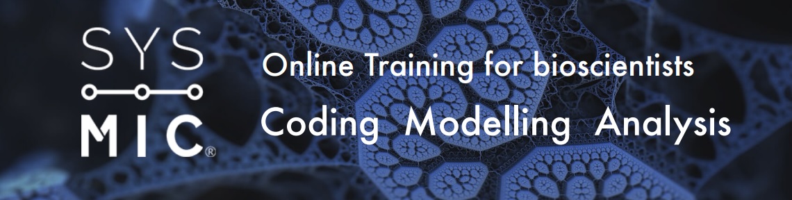 An image advertising the SysMIC on-line training for bioscientists, coding modelling analysis